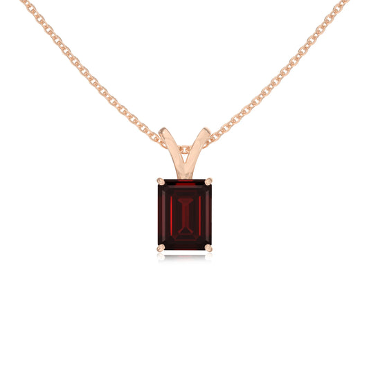 natural garnet emerald cut solitaire v-bale necklaces in rose gold