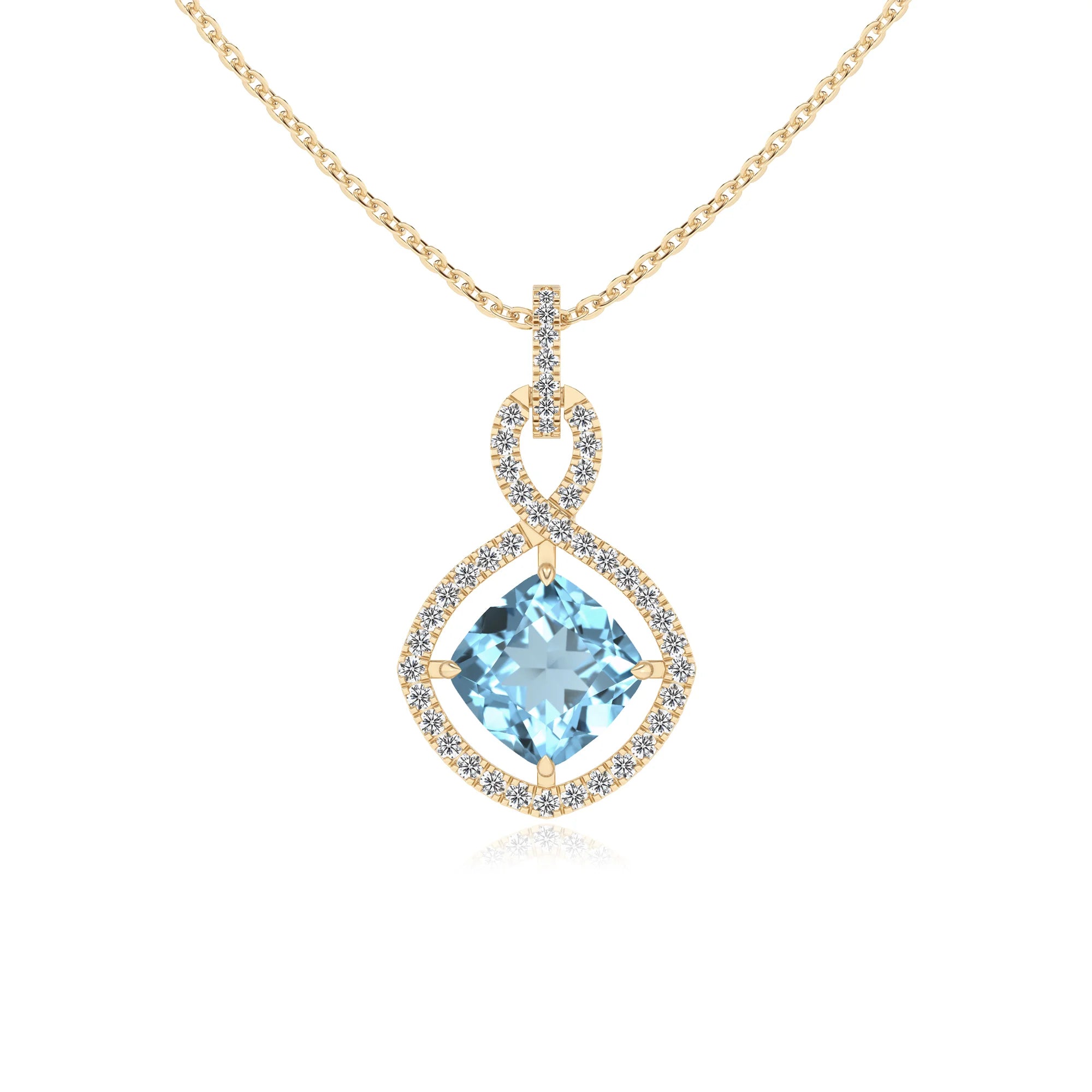 lab grown aquamarine cushion infinity necklaces in yellow gold