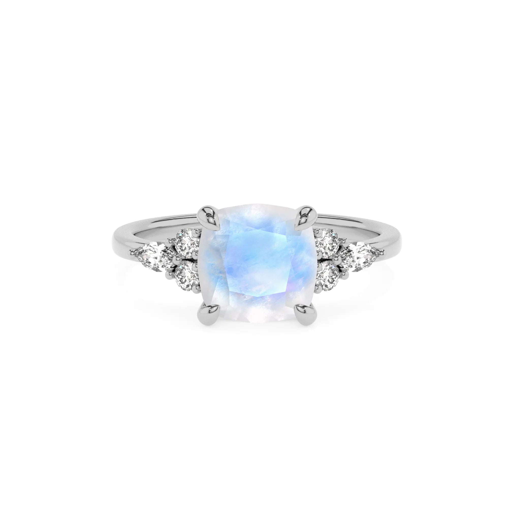 natural rainbow-moonstone cushion solitaire rings in white gold