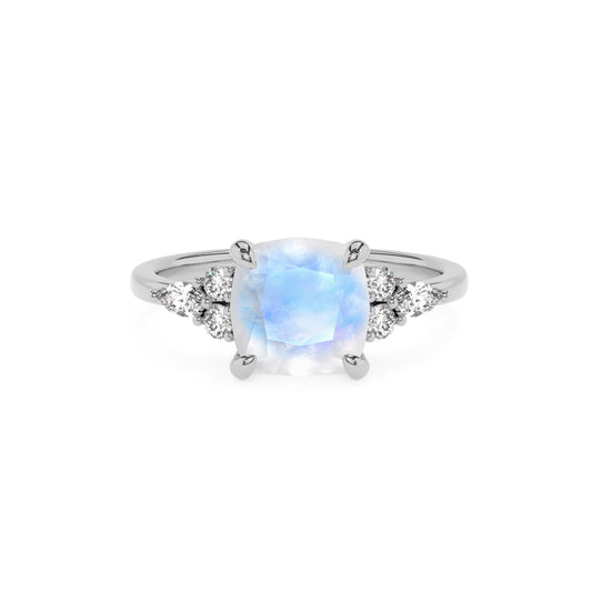 natural rainbow-moonstone cushion solitaire rings in white gold