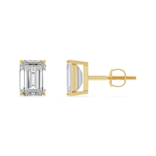 lab grown moissanite emerald cut stud earrings in yellow gold