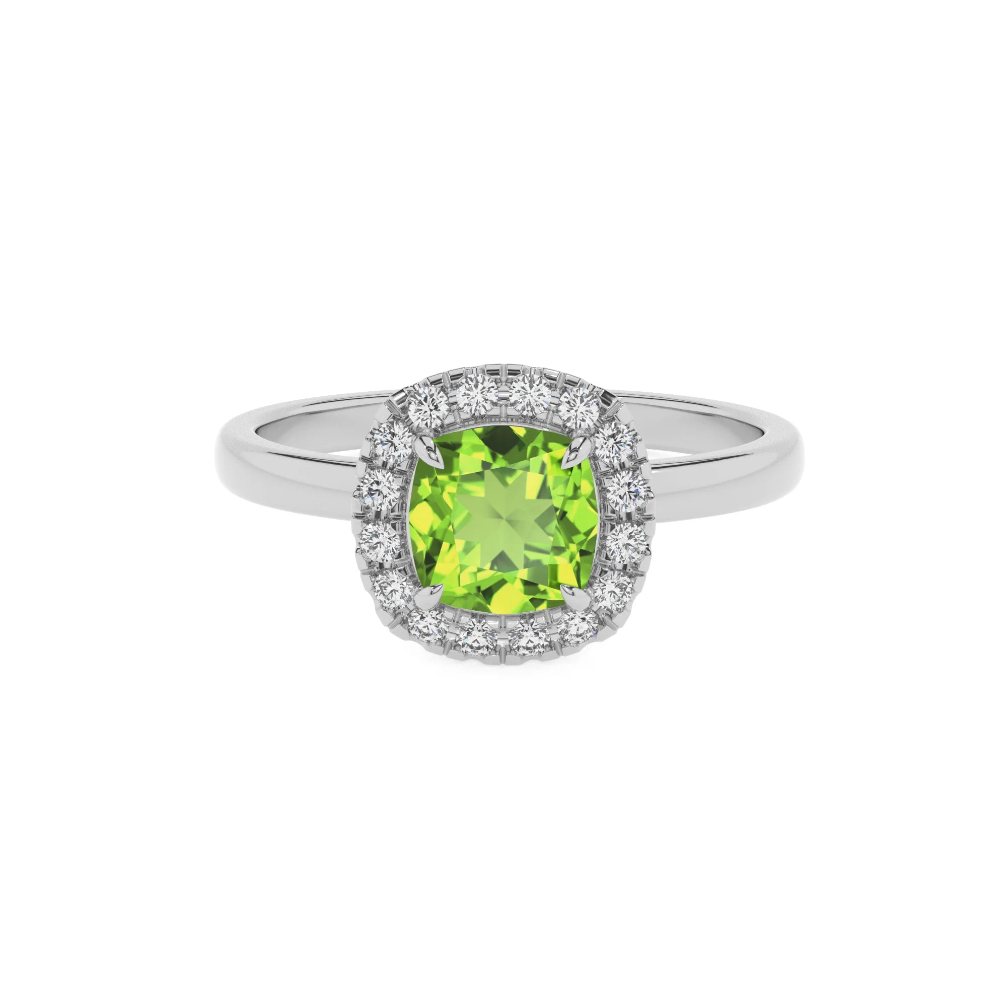 natural peridot cushion solitaire rings in platinum