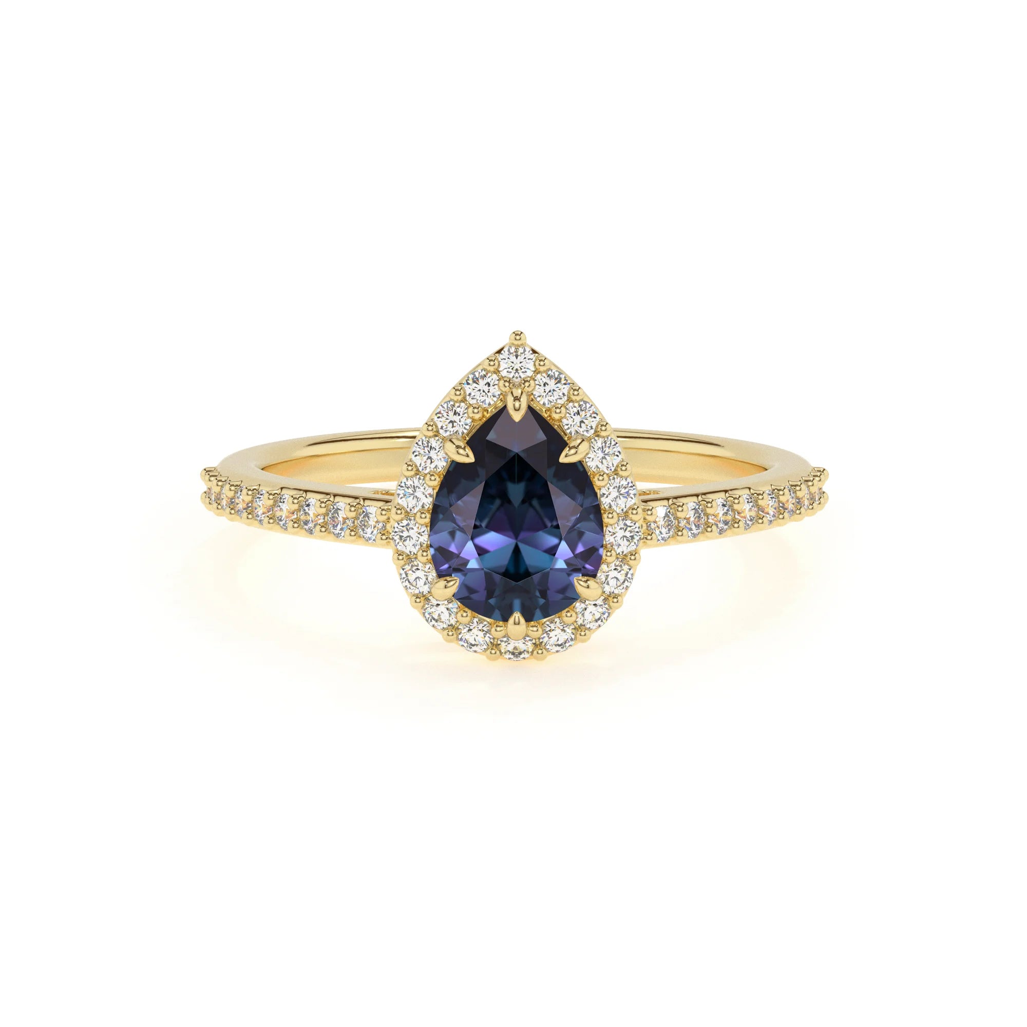 lab grown alexandrite pear solitaire rings in yellow gold