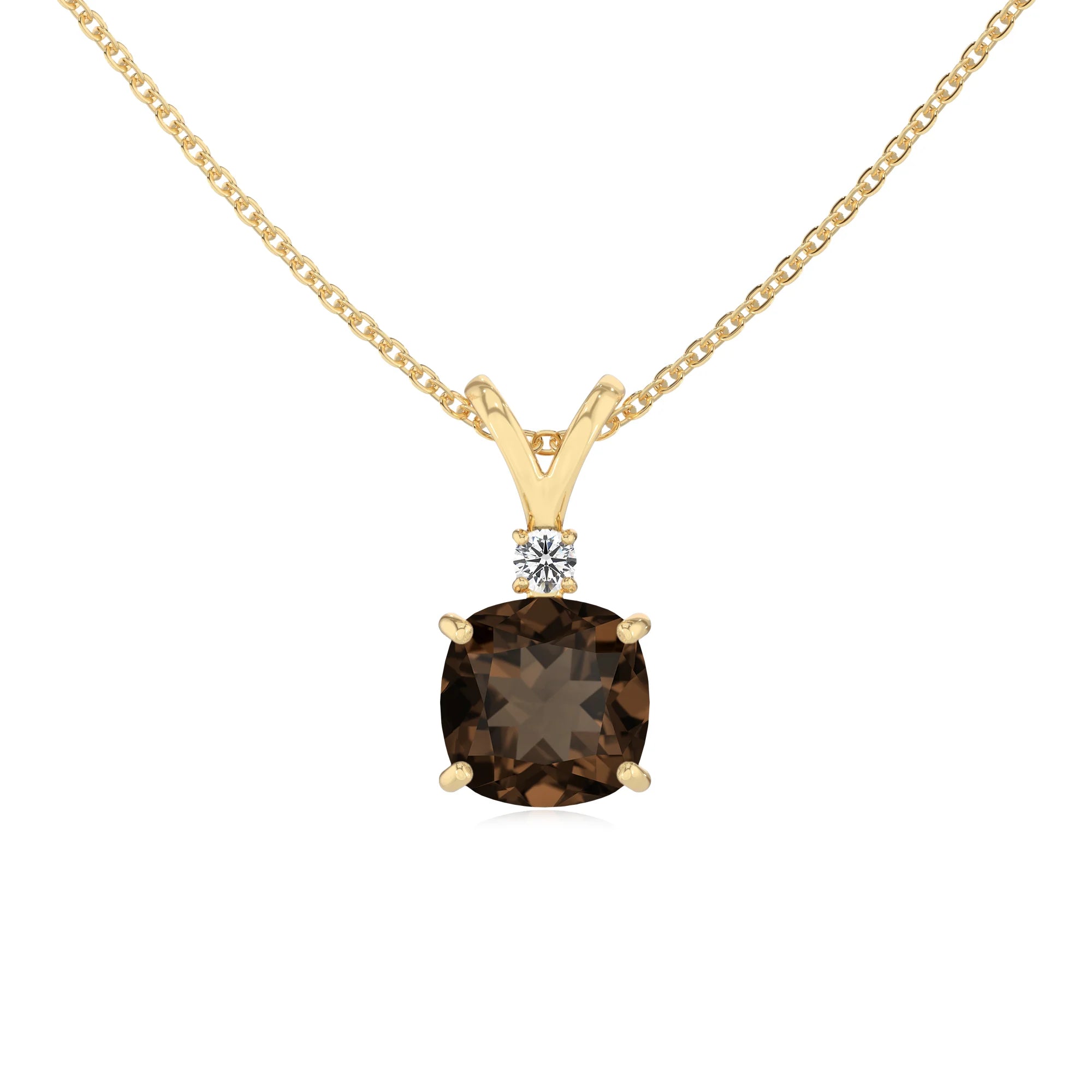 natural smoky-quartz cushion solitaire v-bale necklaces in yellow gold