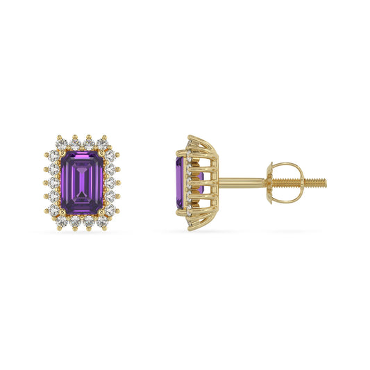 lab grown amethyst emerald cut stud earrings in yellow gold