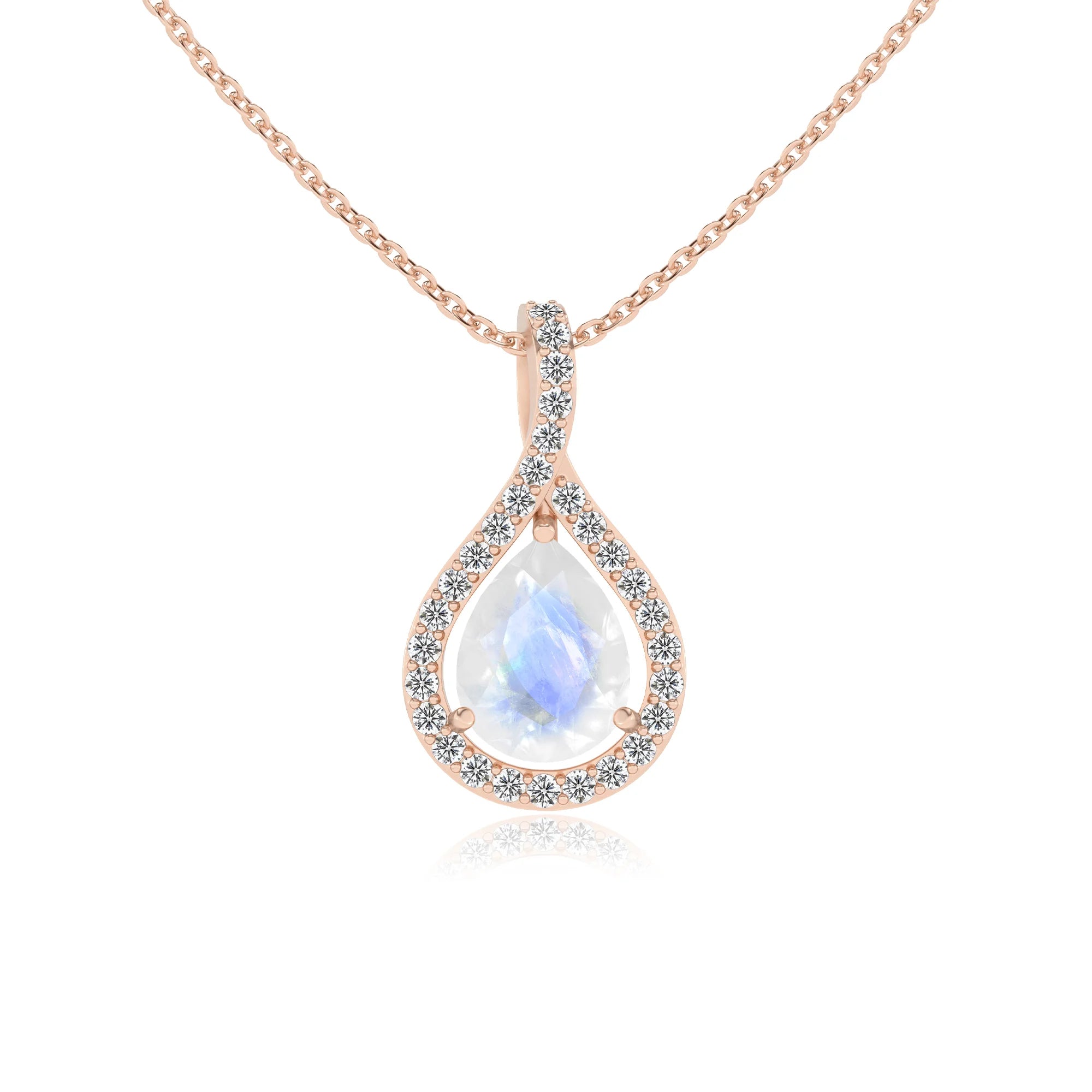 natural rainbow-moonstone pear solitaire necklaces in rose gold