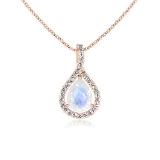 natural rainbow-moonstone pear solitaire necklaces in rose gold
