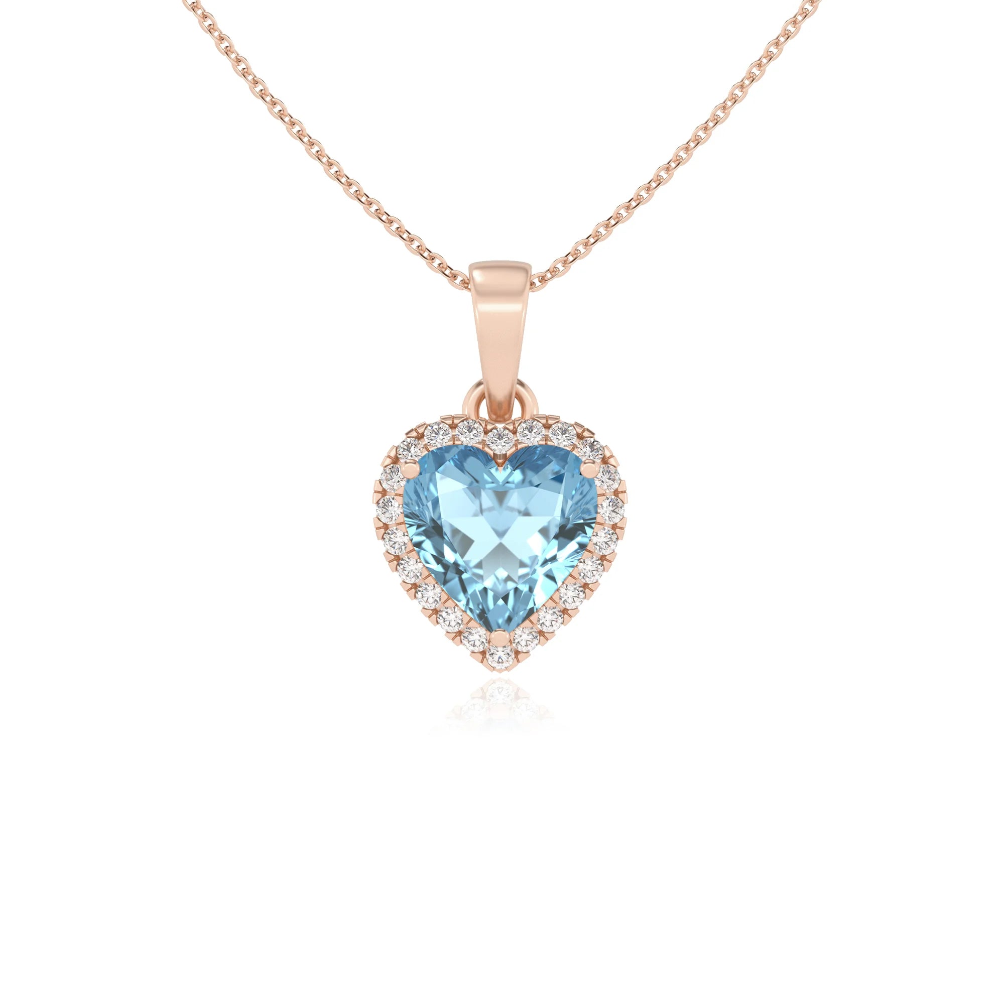 lab grown aquamarine heart solitaire necklaces in rose gold