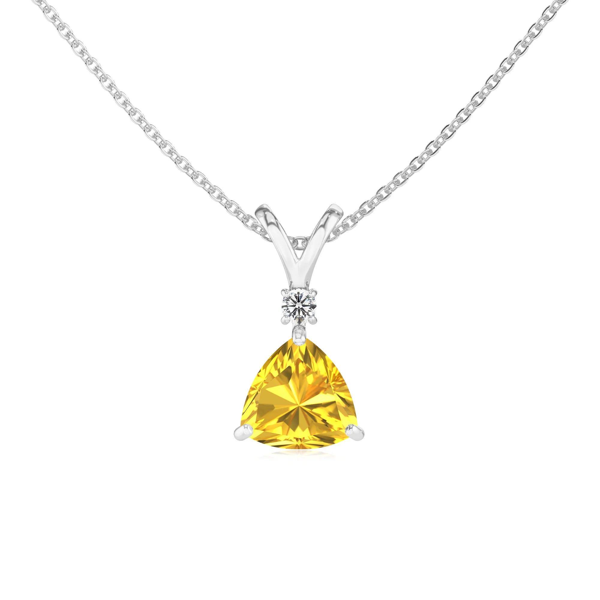 lab grown yellow-sapphire trillion solitaire v-bale necklaces in sterling silver