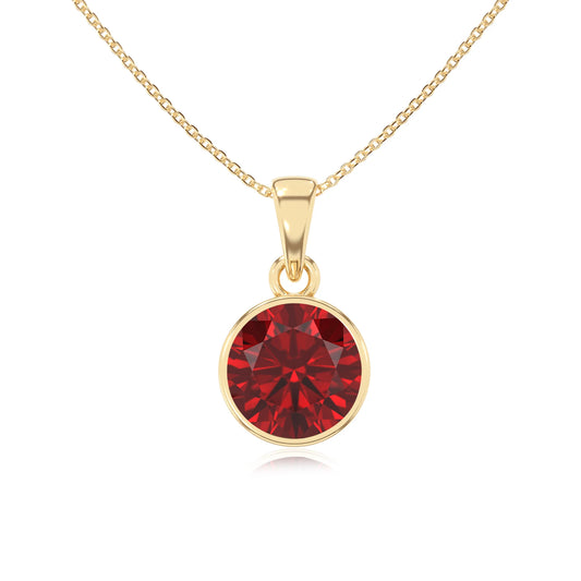 lab grown ruby round solitaire necklaces in yellow gold