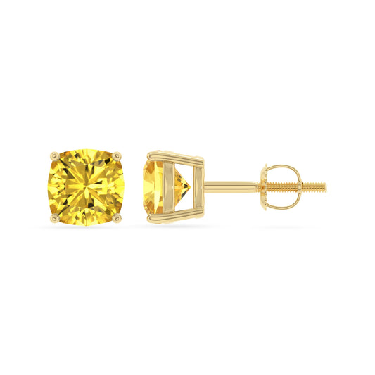 lab grown yellow sapphire cushion stud earrings in yellow gold