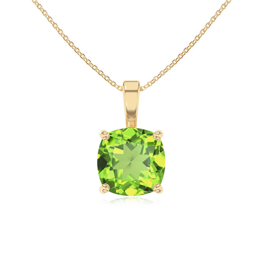 natural peridot cushion solitaire necklaces in yellow gold