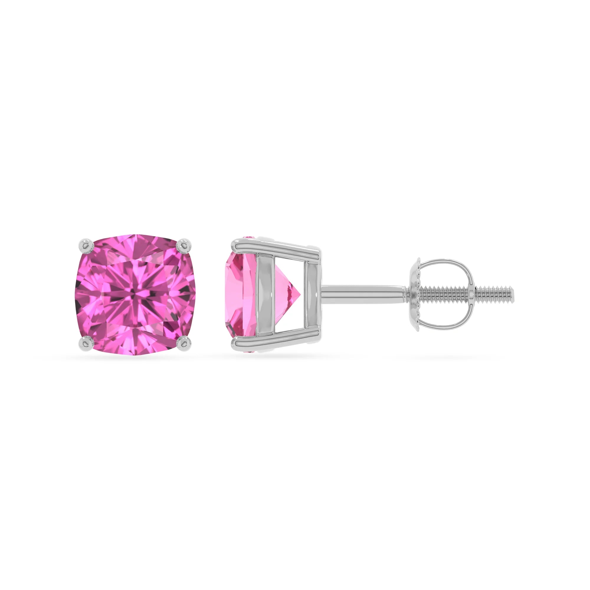 lab grown pink sapphire cushion stud earrings in platinum