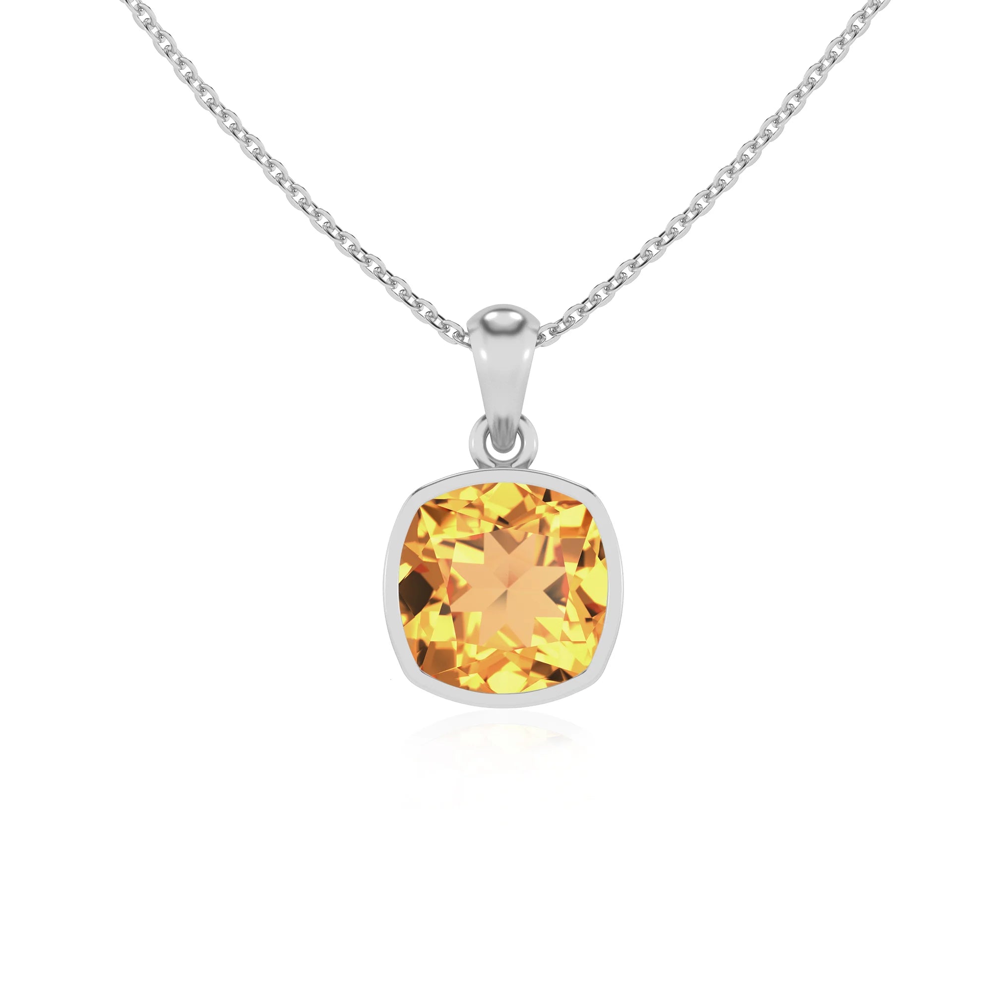 lab grown citrine cushion solitaire necklaces in white gold