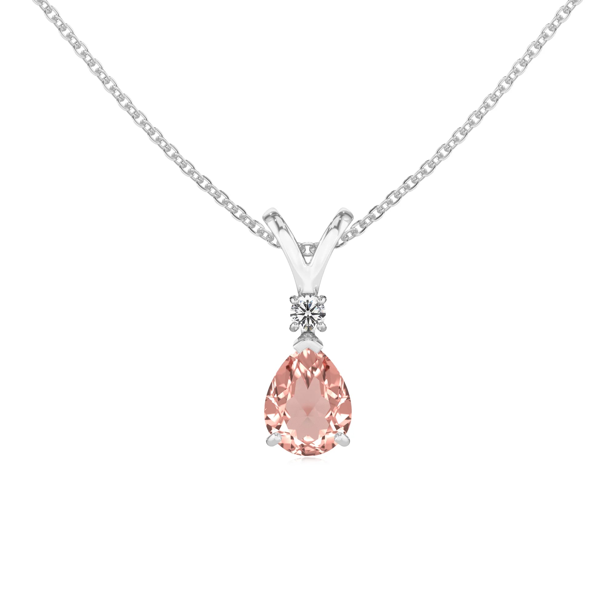lab grown morganite pear solitaire v-bale necklaces in sterling silver