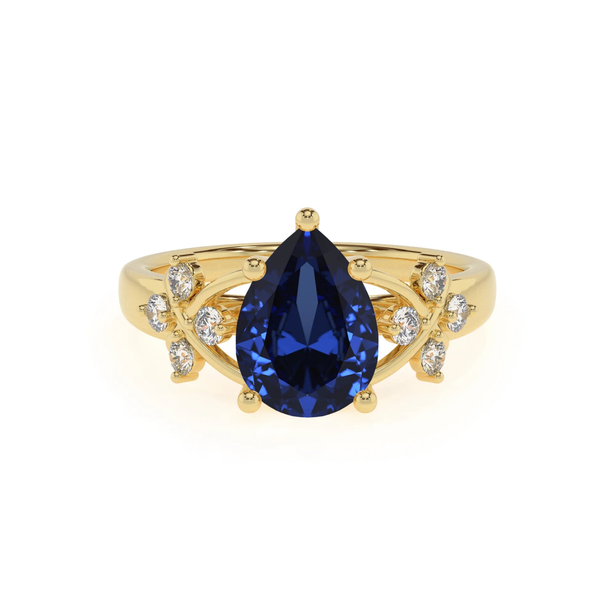 lab grown blue-sapphire pear solitaire rings in yellow gold