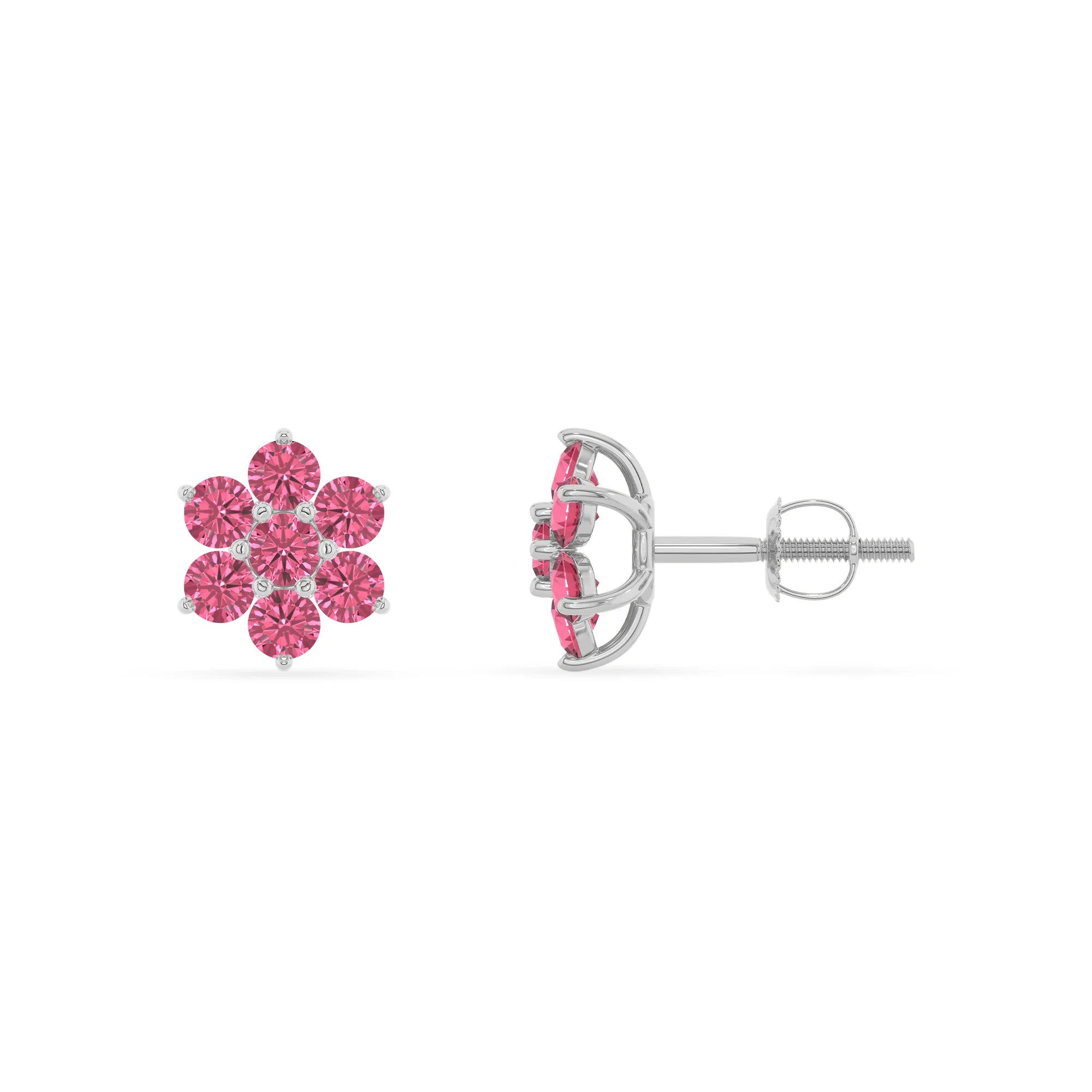 lab grown pink tourmaline round stud earrings in white gold