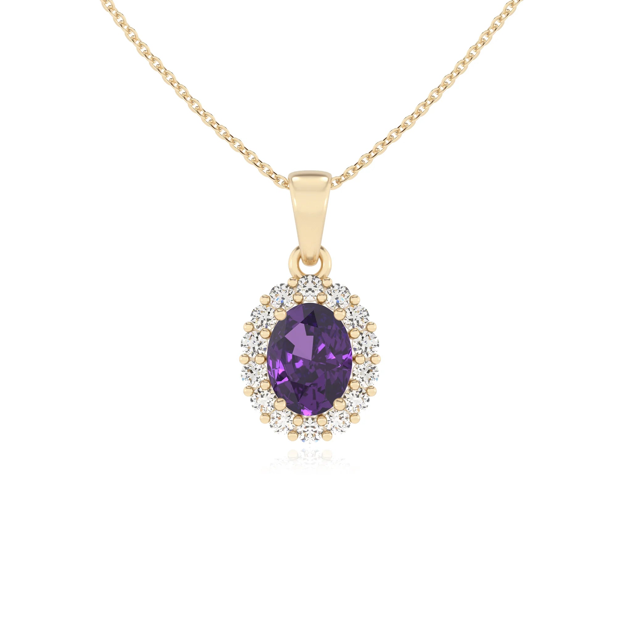 lab grown amethyst oval solitaire necklaces in yellow gold
