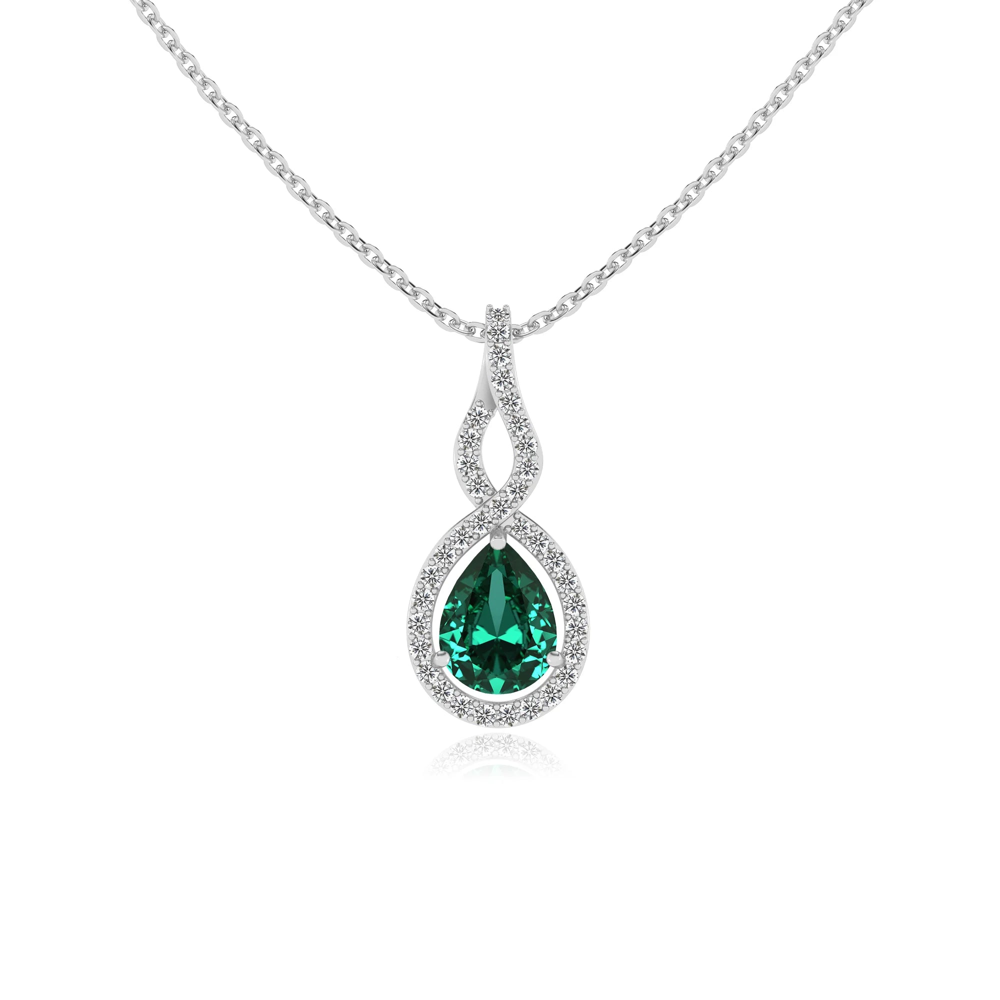 lab grown emerald pear necklaces in sterling silver