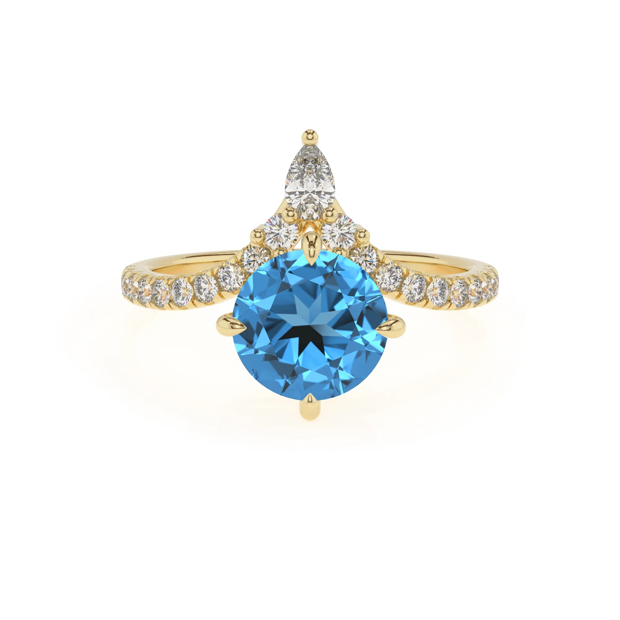 natural swiss-blue-topaz round solitaire rings in yellow gold