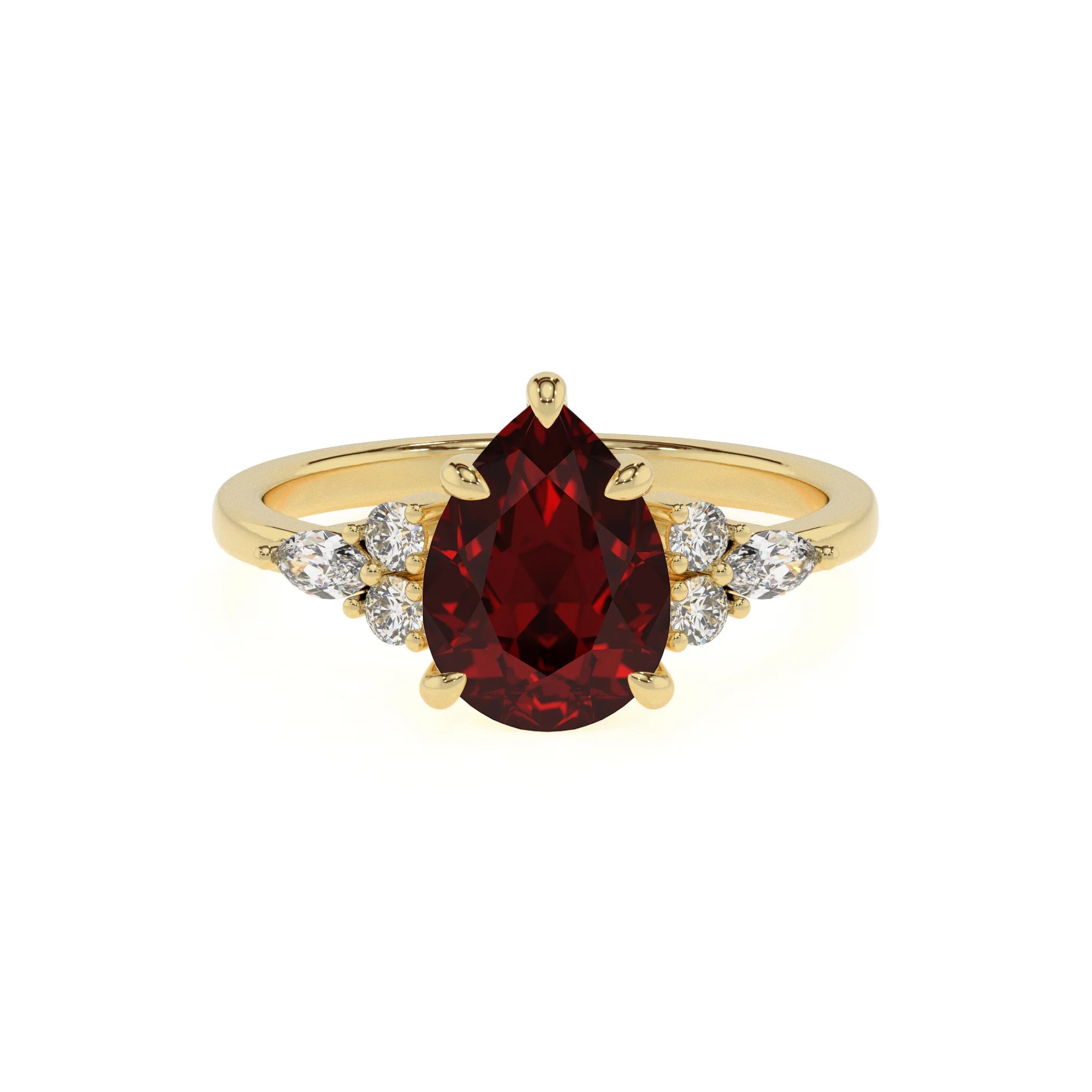 natural garnet pear solitaire rings in yellow gold