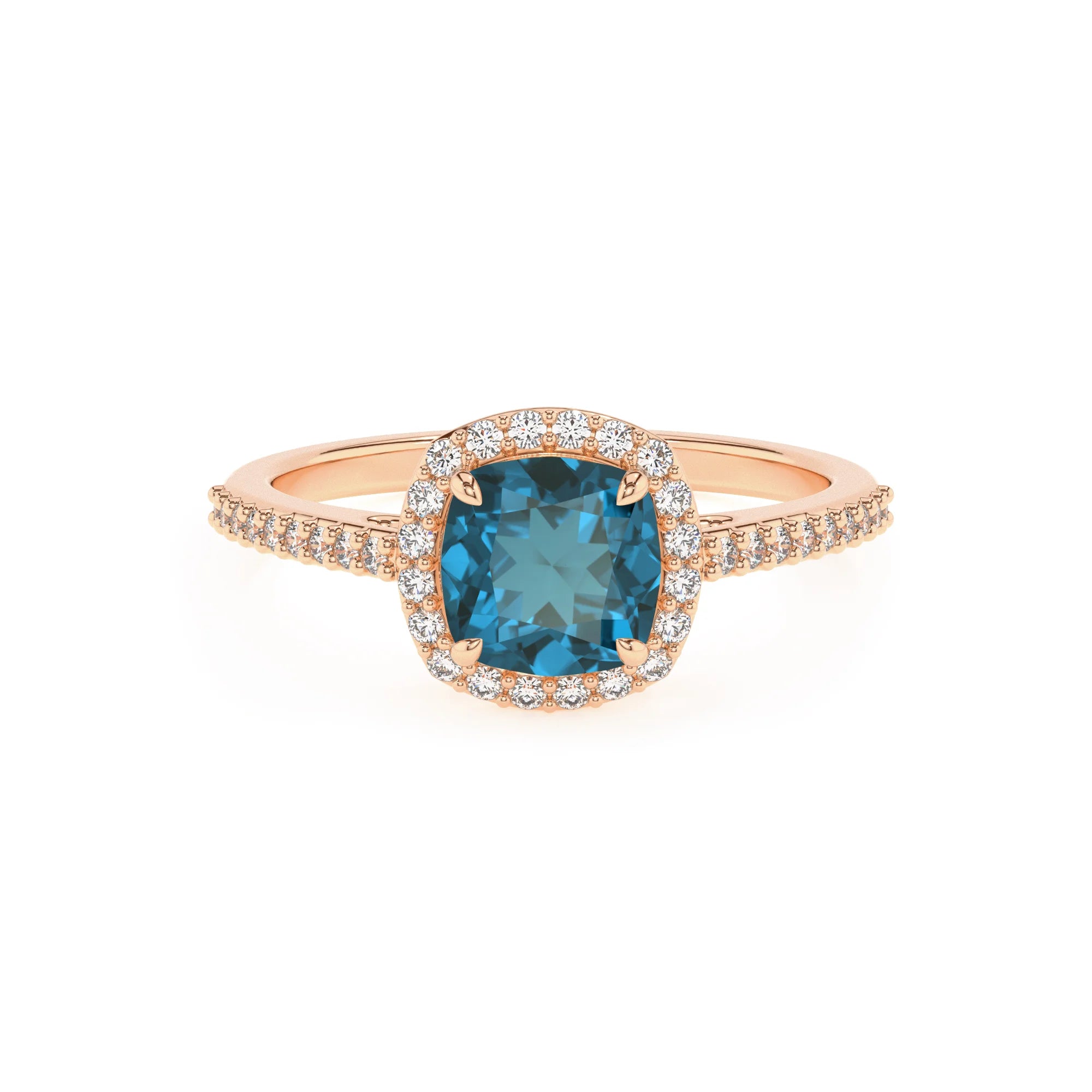 natural london-blue-topaz cushion solitaire rings in rose gold