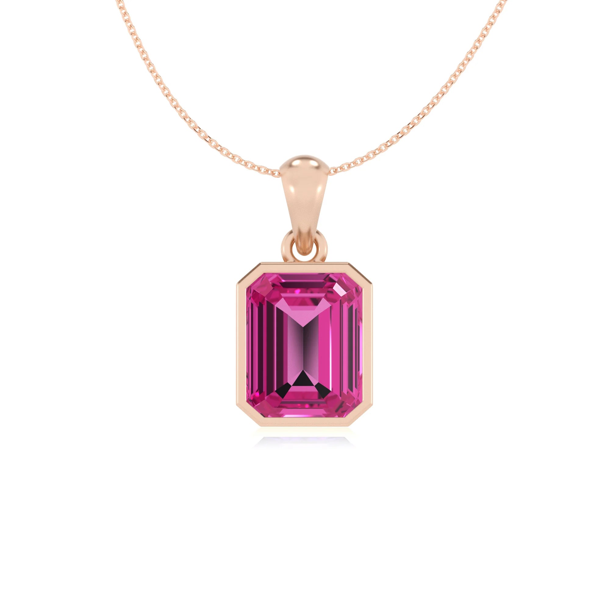 lab grown pink-sapphire emerald cut solitaire necklaces in rose gold