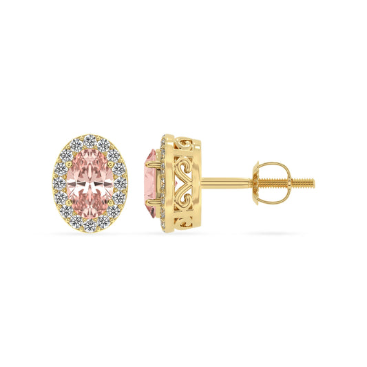 lab grown morganite oval stud earrings in yellow gold