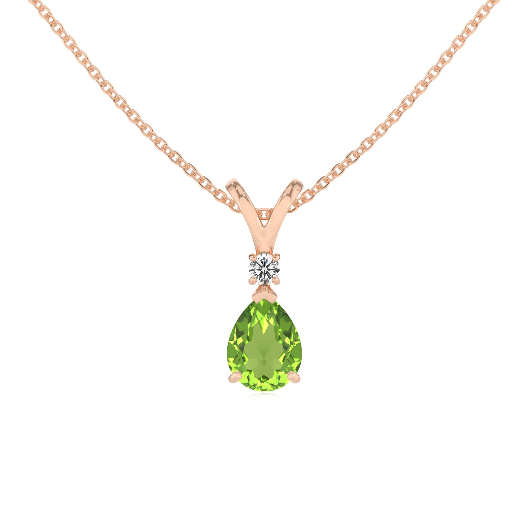 natural peridot pear solitaire v-bale necklaces in rose gold
