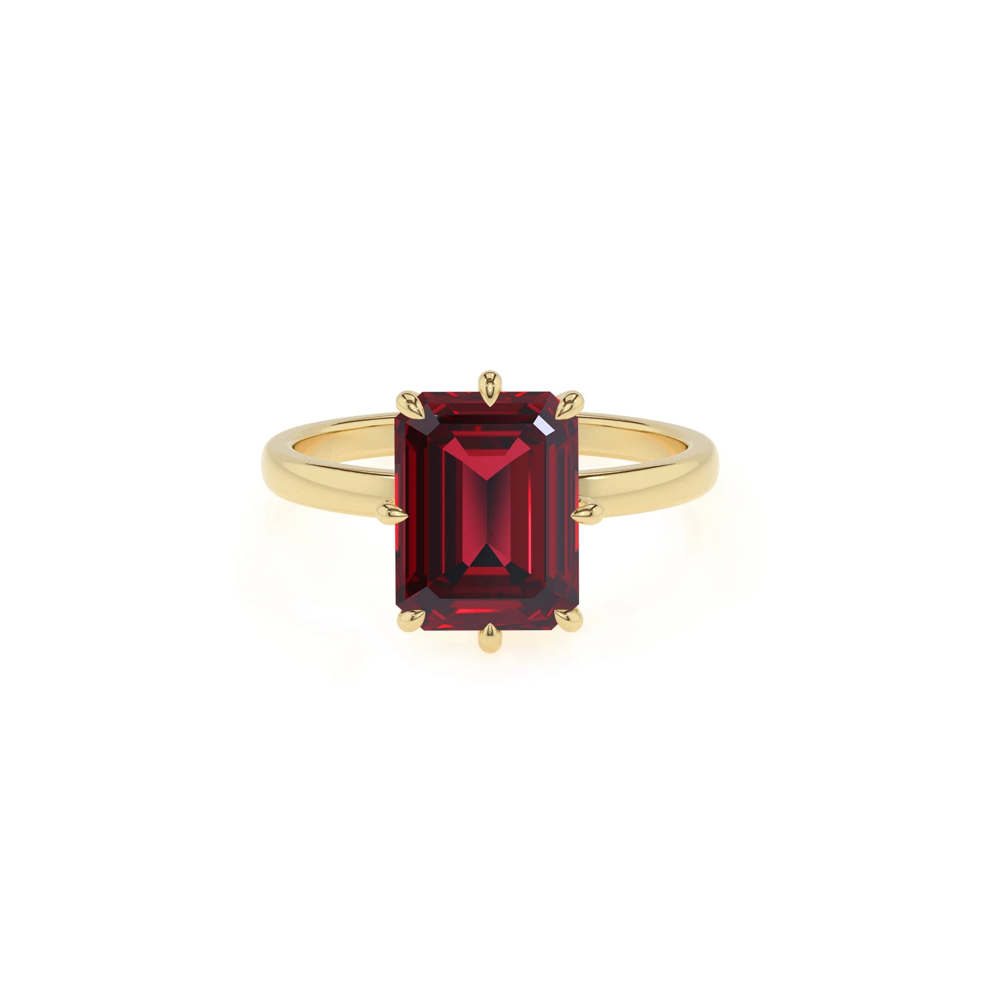 lab grown ruby emerald cut solitaire rings in yellow gold