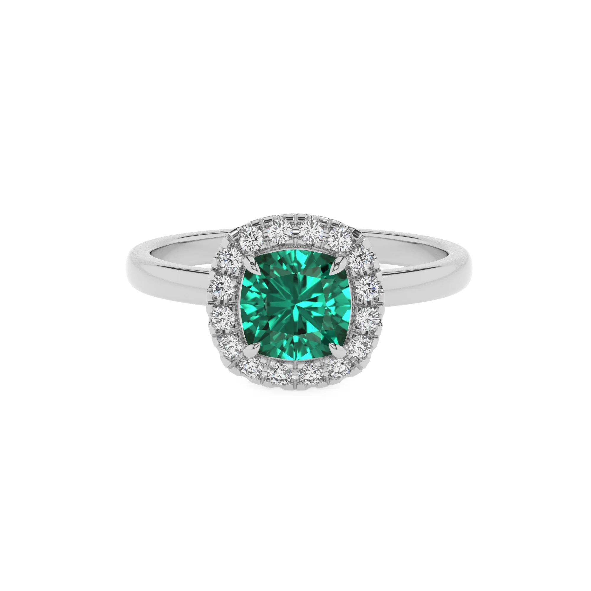 lab grown emerald cushion solitaire rings in platinum