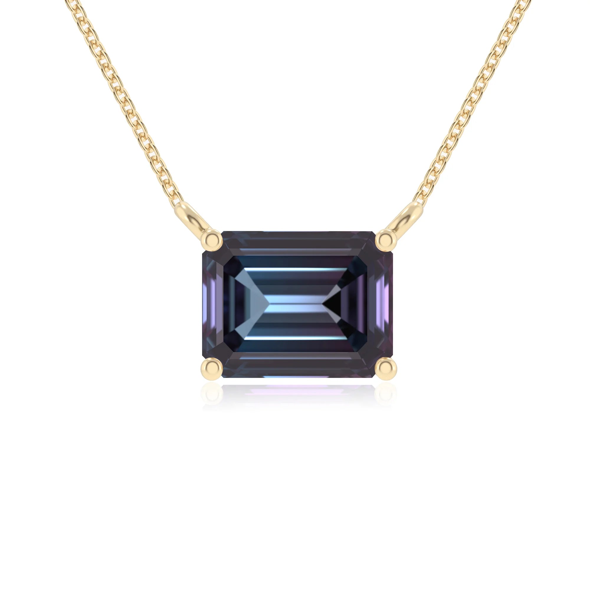 lab grown alexandrite emerald cut solitaire necklaces in yellow gold