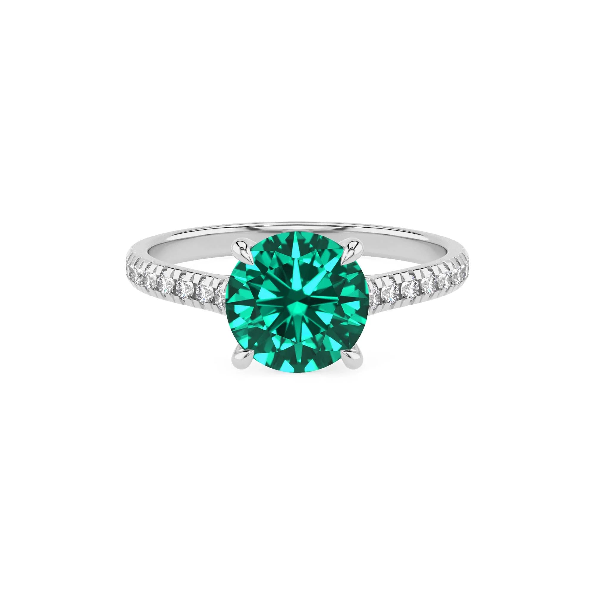 lab grown emerald round half eternity solitaire engagement rings in white gold