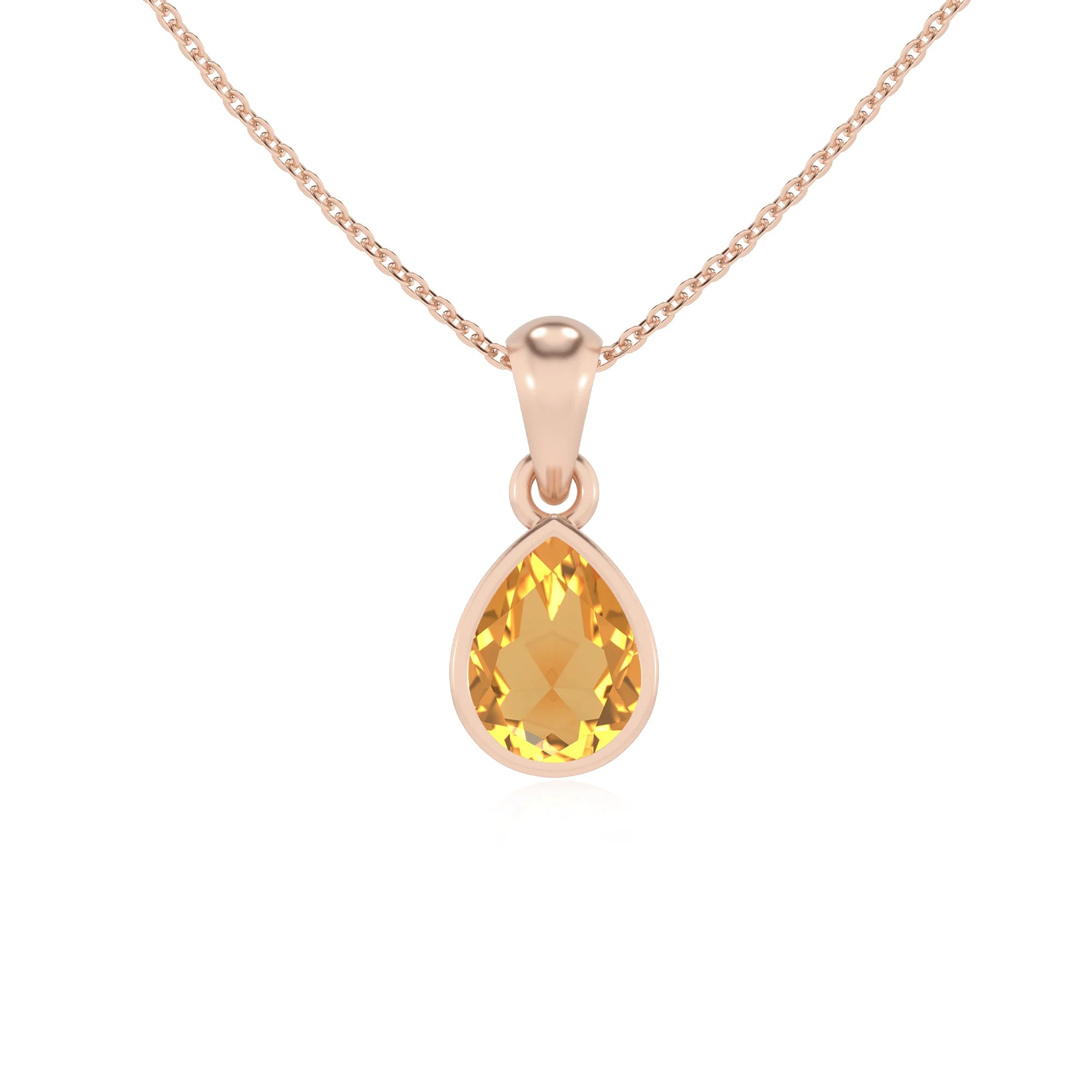 lab grown citrine pear solitaire necklaces in rose gold