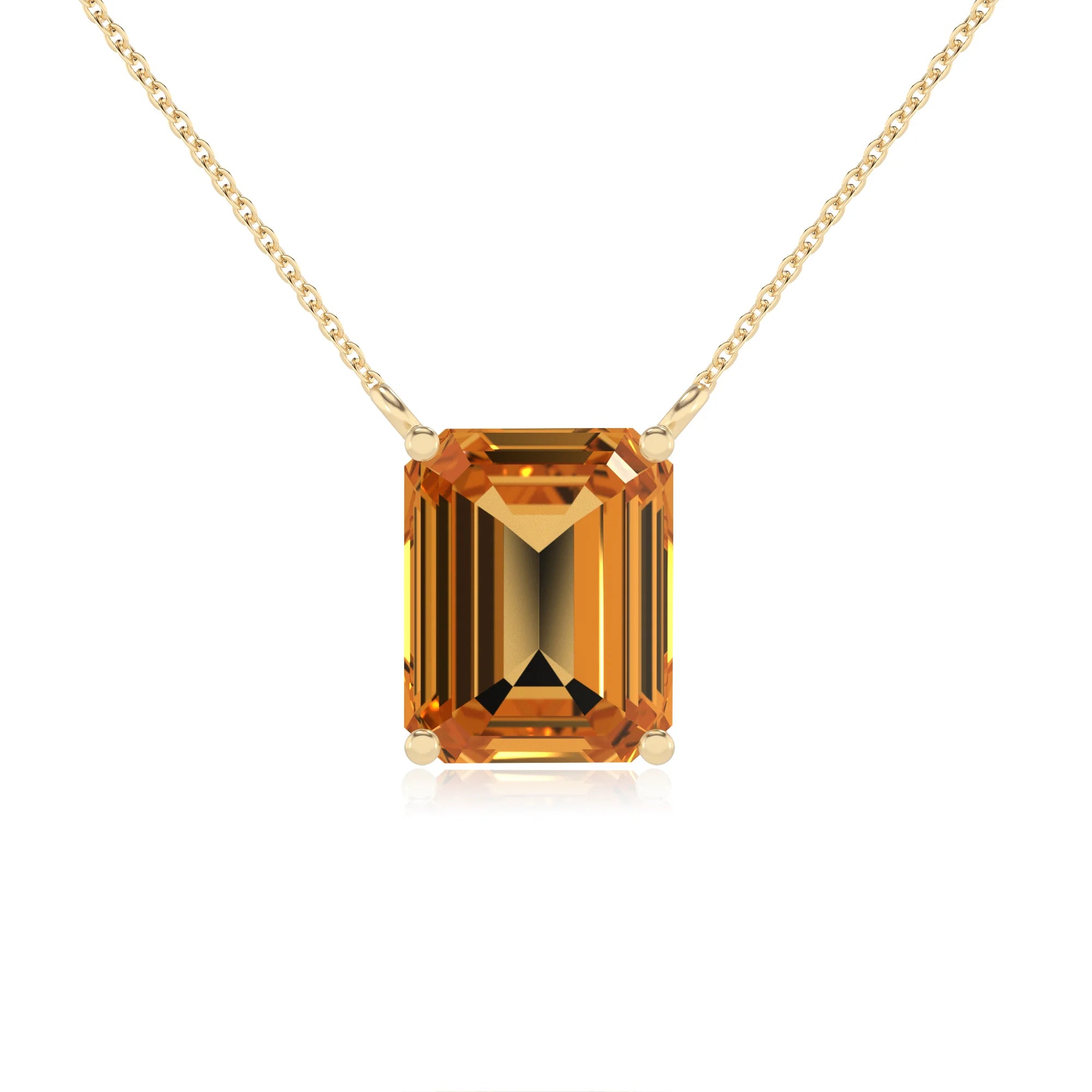 lab grown citrine emerald cut solitaire necklaces in yellow gold
