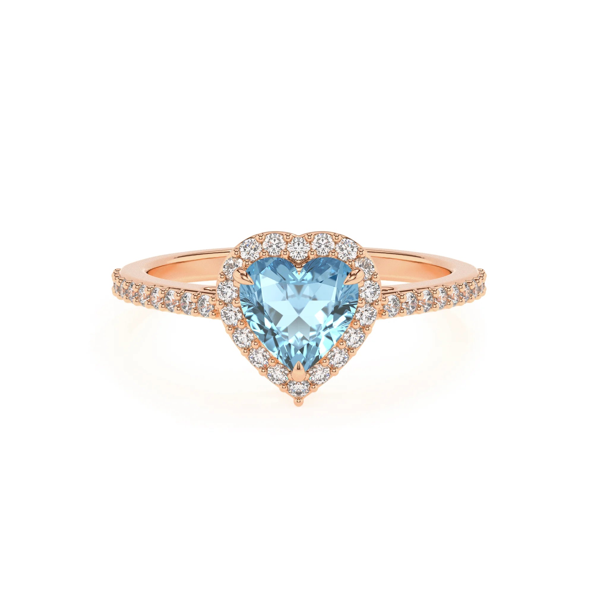 lab grown aquamarine heart solitaire rings in rose gold