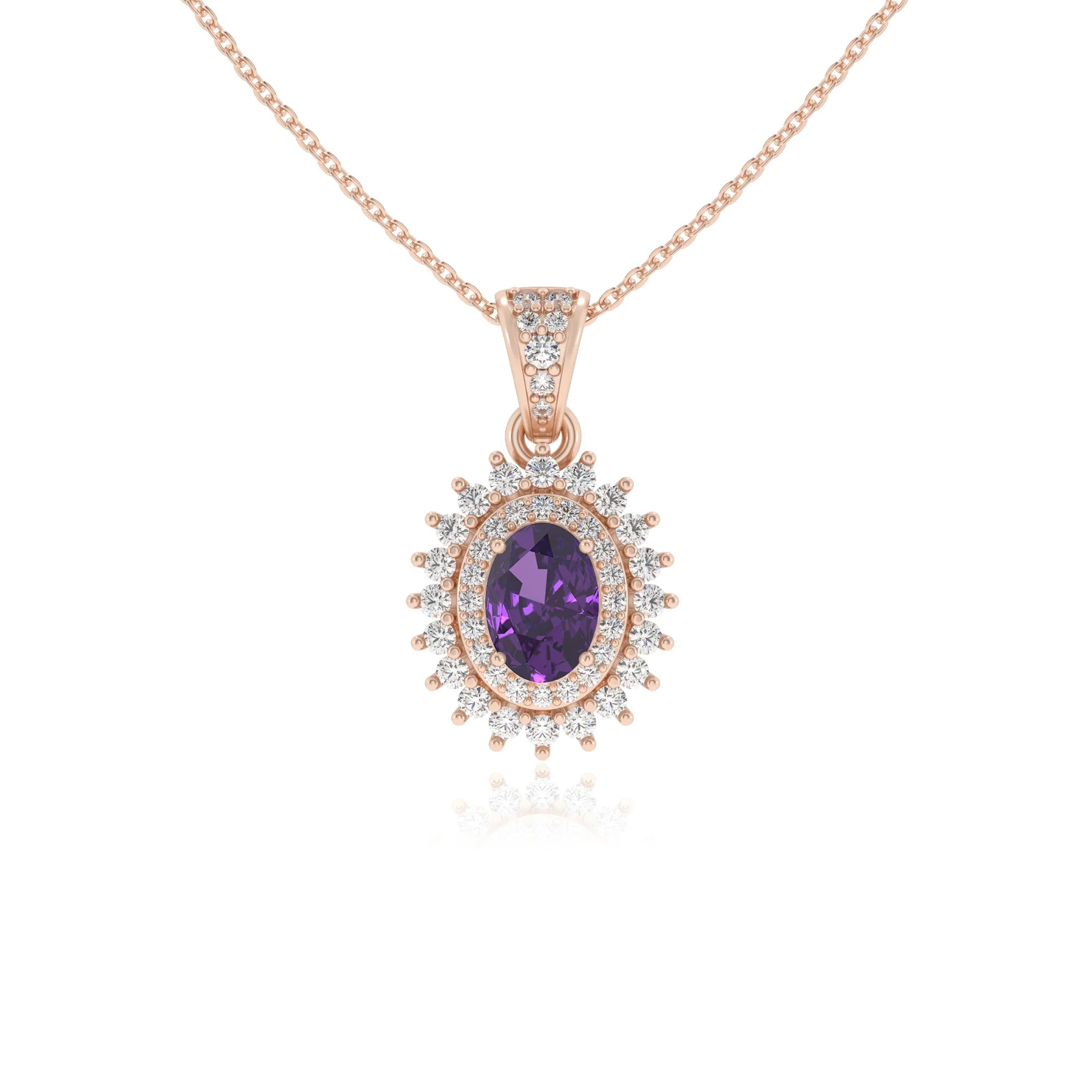 lab grown amethyst oval halo necklaces in rose gold