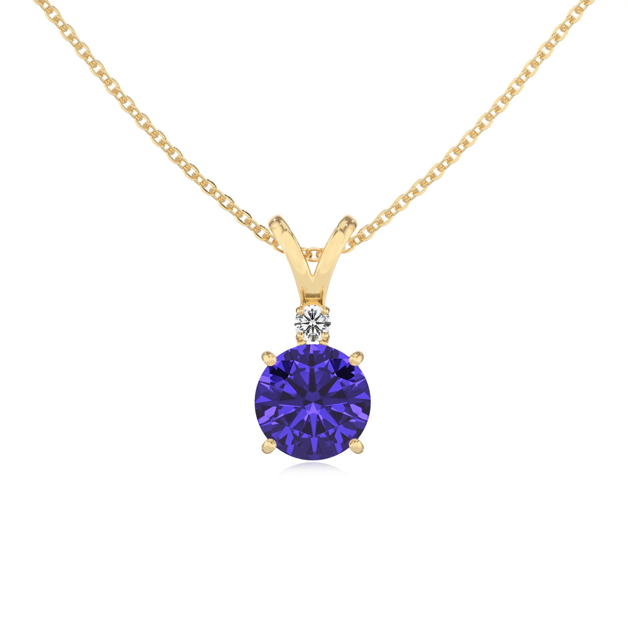 lab grown tanzanite round solitaire v-bale necklaces in yellow gold