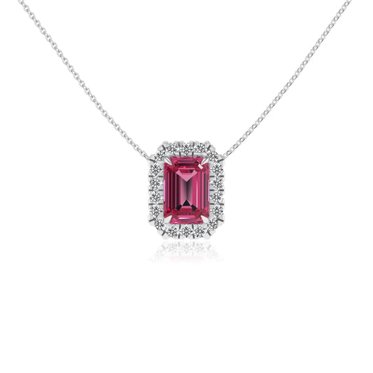 lab grown pink tourmaline emerald cut solitaire necklaces in sterling silver