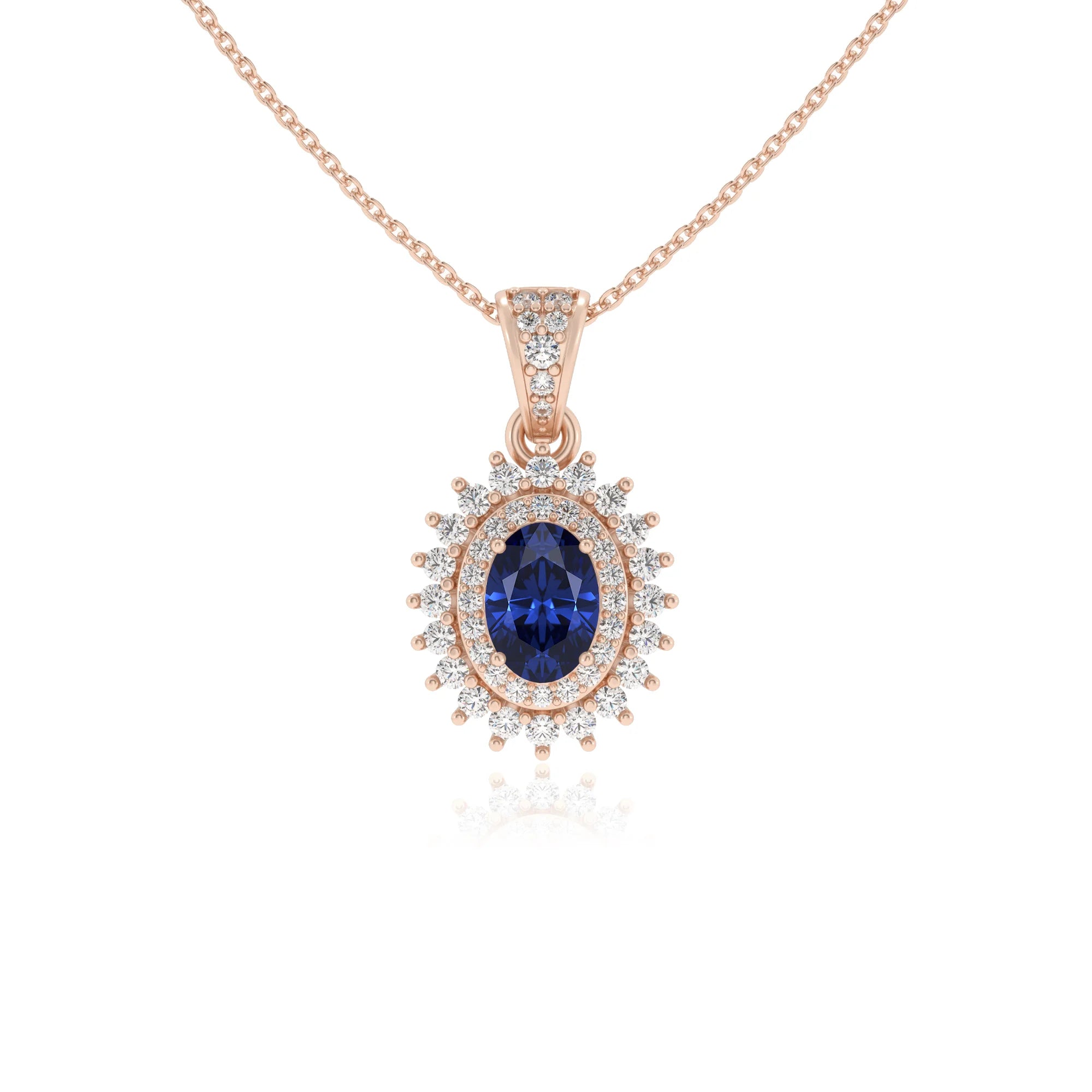 lab grown blue-sapphire oval halo necklaces in rose gold