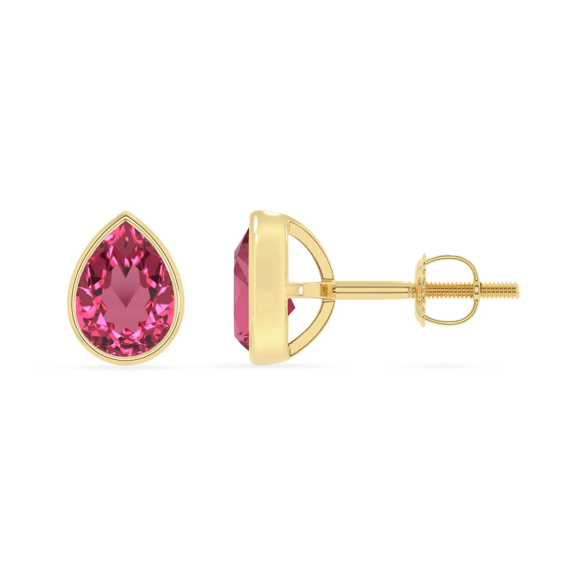 lab grown pink tourmaline pear stud earrings in yellow gold
