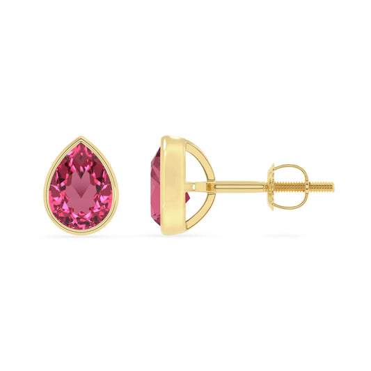 lab grown pink tourmaline pear stud earrings in yellow gold