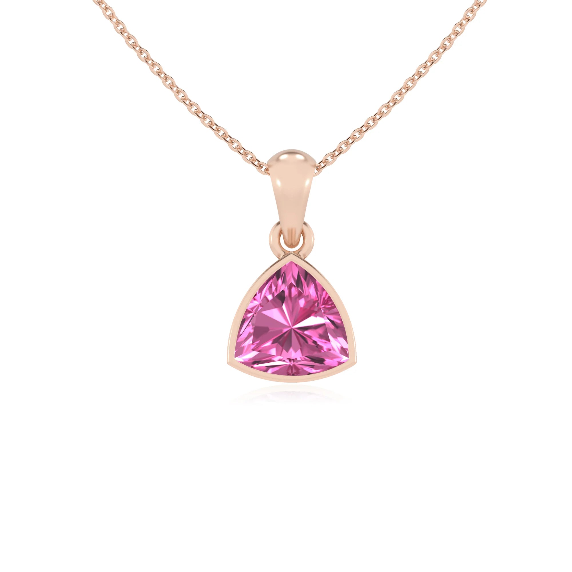 lab grown pink-sapphire trillion solitaire necklaces in rose gold