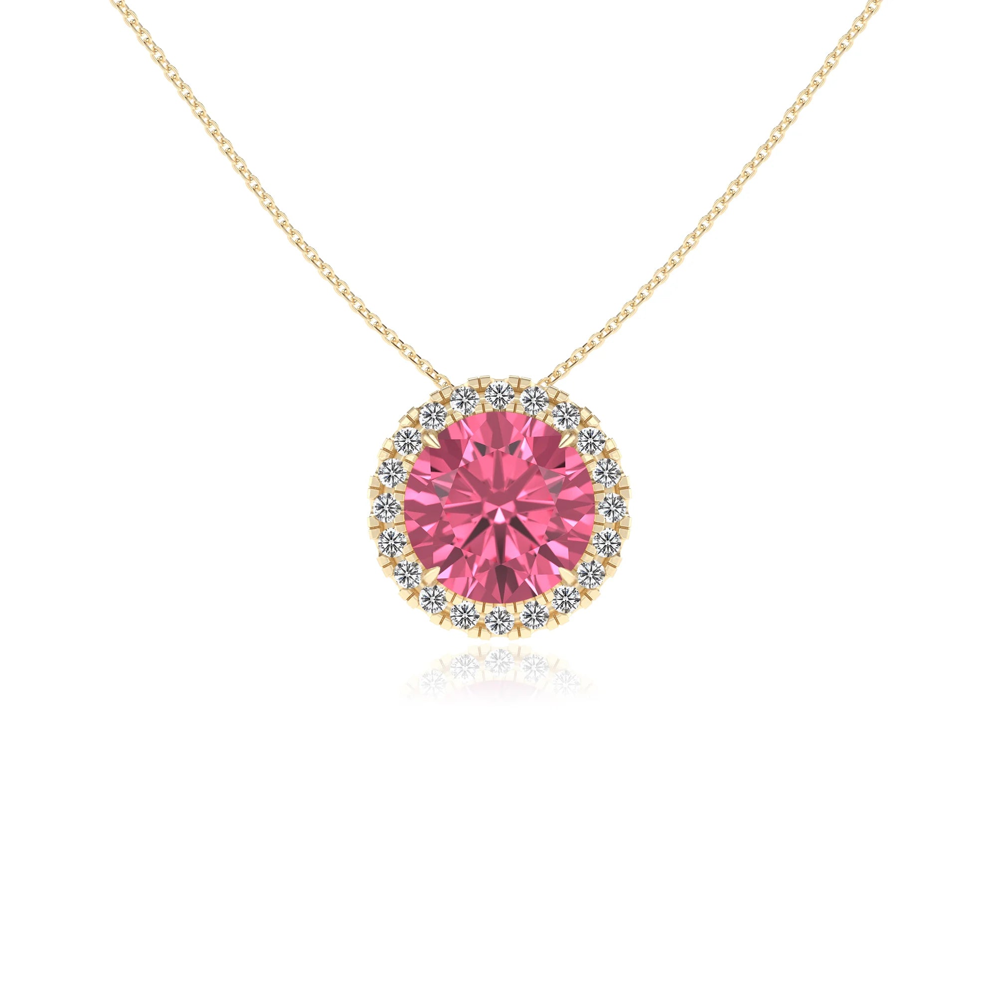 lab grown pink tourmaline round solitaire necklaces in yellow gold