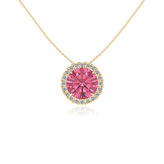 lab grown pink tourmaline round solitaire necklaces in yellow gold