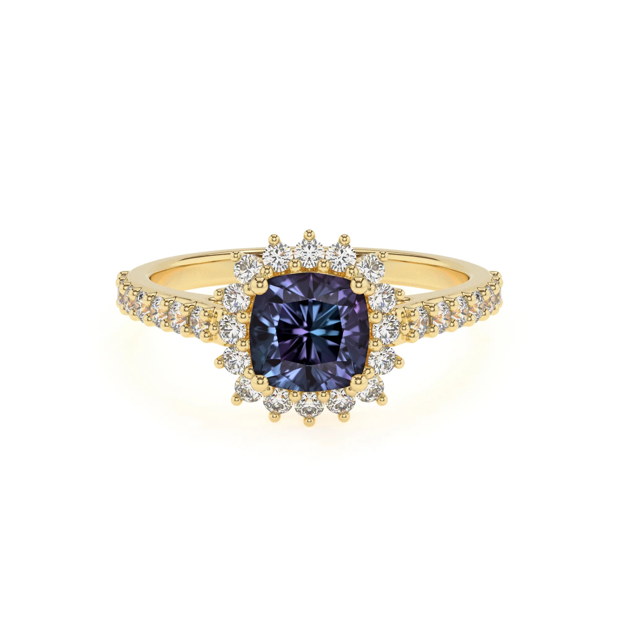 lab grown alexandrite cushion solitaire rings in yellow gold