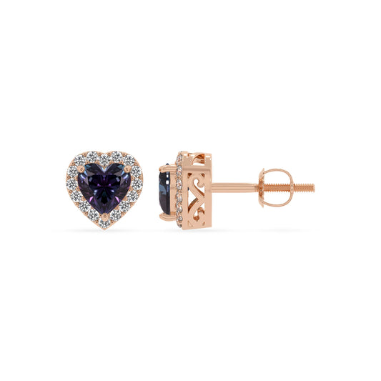 lab grown alexandrite heart stud earrings in rose gold