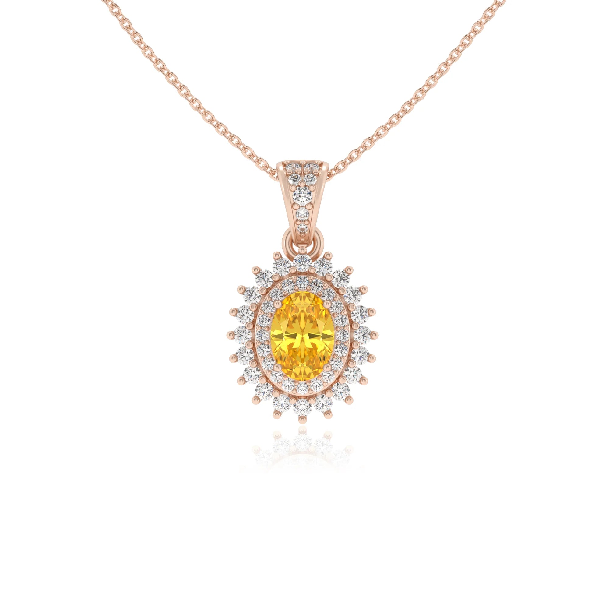 lab grown yellow-sapphire oval halo necklaces in rose gold