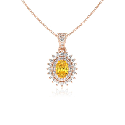 lab grown yellow-sapphire oval halo necklaces in rose gold