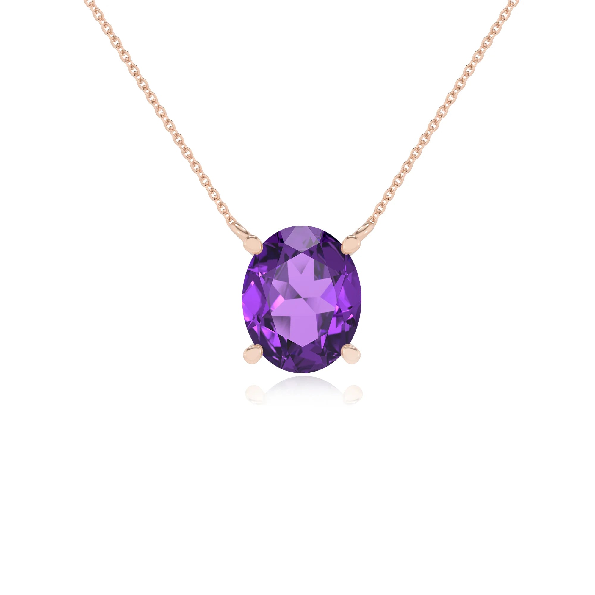 lab grown amethyst oval solitaire necklaces in rose gold